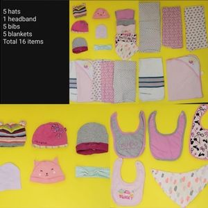 Infant girl hats bibs receiving blankets